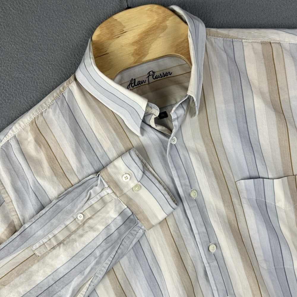 Alan Flusser Button‎ Down Shirt Mens XL Blue Brown Striped Business Dress Shirt